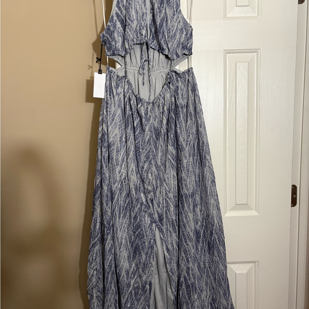 Astr Blue and White Cutout Maxi Dress